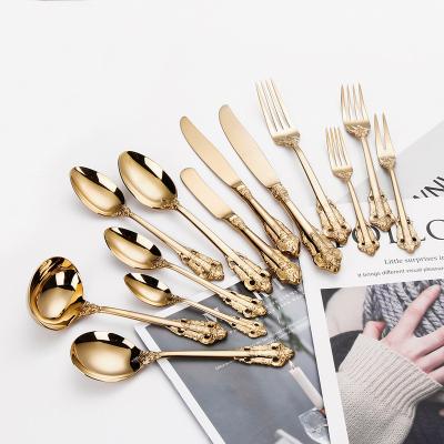 China Stocked Classic 18/10 Factory 24pcs Gold Wedding Flatware Sets 4sets Stainless Steel Royal Luxury Flat Dinnerware Sliver for sale