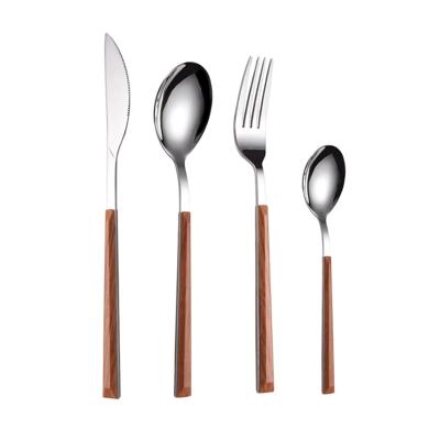 China Viable Hot Selling Plastic Spoon Fork Knife Classic Wood Pattern Handle 4 Pcs Stainless Steel Cutlery Set for sale