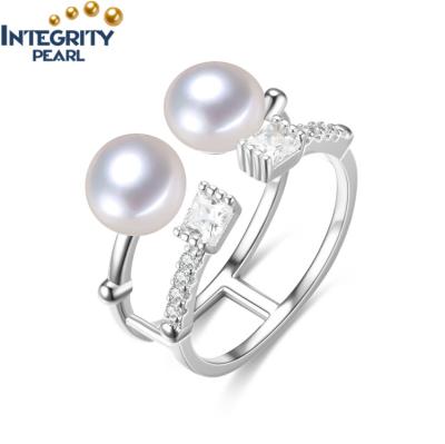 China Newest FASHIONABLE Korean Style Design Pearl Jewelry Zircon Double Curved Real Natural Pearl Freshwater Sterling Silver Ring for sale