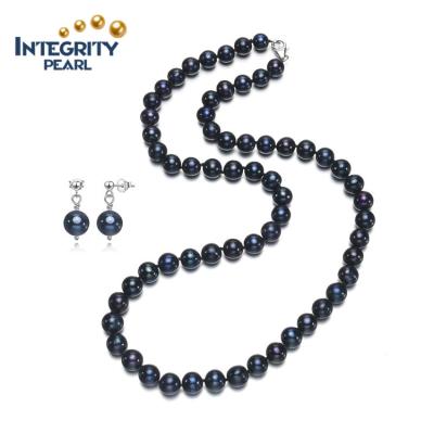 China TRENDY 8mm Off Round AA Pearl Necklace And Earring Set Dyed Black Color Wholesale Price Cheap Girls Pearl Jewelry Set for sale