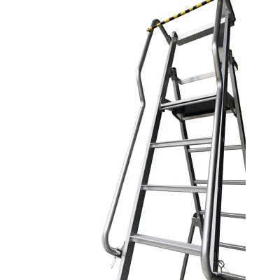 China Folding Ladders 8 Steps Warehouse Ladder Rolling Warehouse Platform Ladder Alu Wheel Aluminum Warehouse Ladder for sale