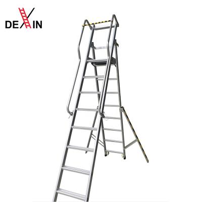 China Folding Ladders 7 Steps Warehouse Ladder Rolling Warehouse Platform Ladder Alu Wheel Aluminum Warehouse Ladder for sale