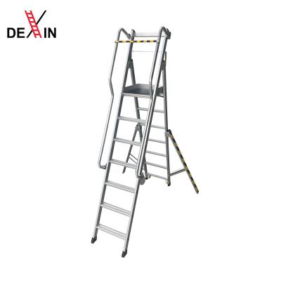 China Folding Ladders 6 Steps Warehouse Ladder Rolling Warehouse Platform Ladder Alu Wheel Aluminum Warehouse Ladder for sale