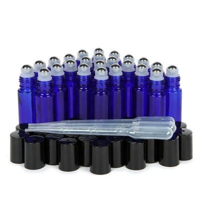 China 24pcs 10ml 1/3oz 10ml Cobalt Blue Cosmetic Glass Roll-On Tube Bottles With Stainless Steel Roller Balls Included Dropper Opener Essential Oil for sale