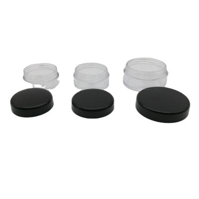 China Skin Care 3g Cream 5g 10g 15g PS Mini Cosmetic Glitter Empty Clear Plastic Jar With Black Cap Small Empty Jar For Eyeshadow for sale