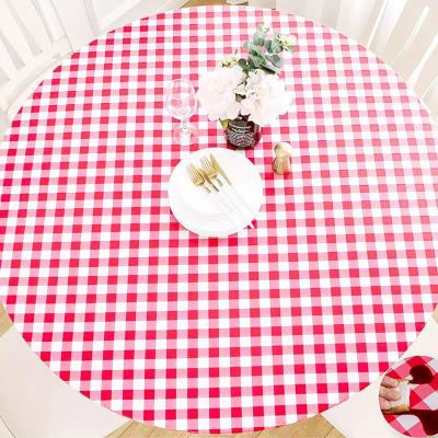 China Modern SUNTQ Red White Plaid Flannel Backing Elastic Edge Waterproof Wipeable Indoor Outdoor Patio Round Fitted Vinyl Tablecloth for sale