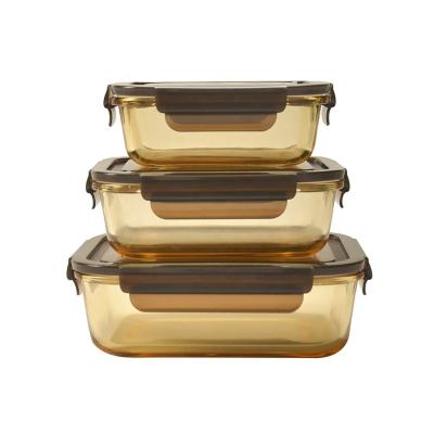 China Sustainable Eco-friendly Fresh-keeping Glass Storage Amber Color Lunch Box Food Container For Kitchen Dishwasher Microwave Freezer Safe for sale