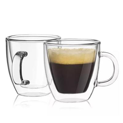 China Disposable Double Wall Espresso Coffee Cup Clear Glass Cup with Handle Insulated Borosilicate Glassware Tea Cup for sale