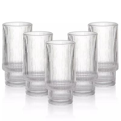 China Durable 12 oz Ribbed Glass Cups Fluted Glassware Ribbed Drinking Glasses for Whiskey Cocktail Beer Iced Coffee Tea Smoothie Soda Gift for sale