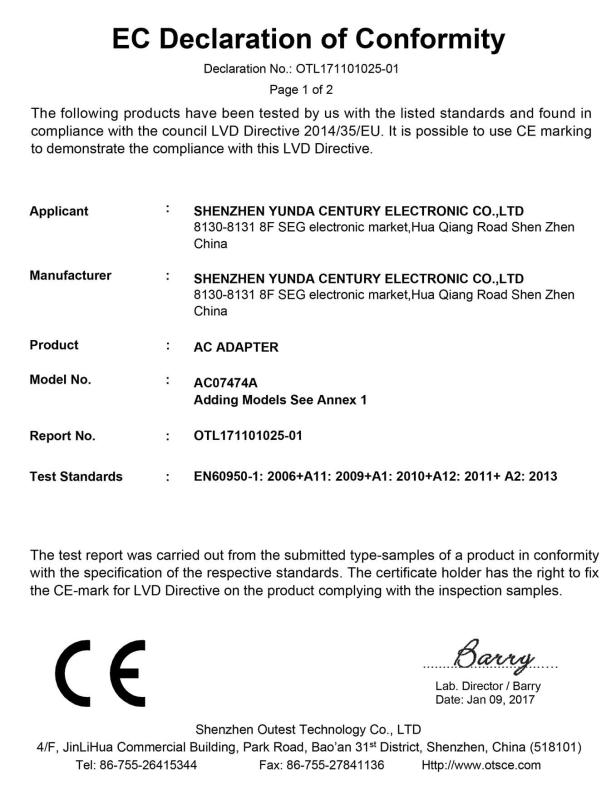 CE - Shenzhen Yunda Century Electronic Co., Ltd.