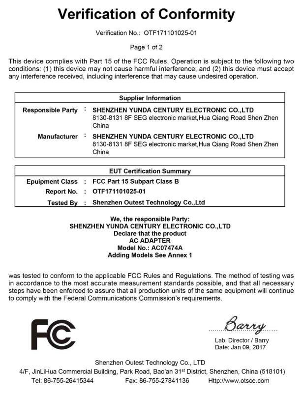 FCC - Shenzhen Yunda Century Electronic Co., Ltd.