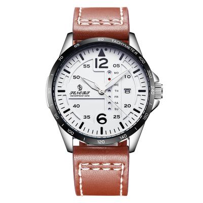 China New Stylish Leather Band Stainless Steel Case Back Men Calendar Waterproof Quartz Men Wrist Watch for sale