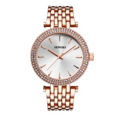 China Senors Modern Fashion Women Gold Watches Crystal Round Wristwatch For Ladies Luxury Diamond Female Quartz Watch 3ATM Waterproof for sale