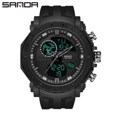 China Sanda Men Sport Fashion Wristwatch Japanese Dual Display Quartz Movement Watches Waterproof 5 ATM Black Silicon Strap for sale