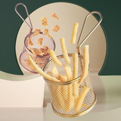 China Viable Sieve Metal French Fries Stainless Steel Kitchen Deep Fryer Round Frying Basket With Handle Cookware for sale