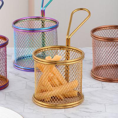 China Sustainable Household Kitchen Mini French Fry High Quality Stainless Steel Gold Frying Metal Round Frying Basket 304 Strainer Kitchen Utensils for sale