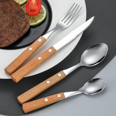 China Viable Hot Selling Wood Knife Steak Dessert Fork Teaspoon Handle Stainless Steel Flatware Flatware Set for sale