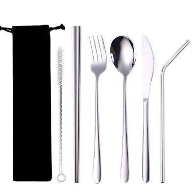 China Portable Stainless Steel Silverware Flatware 5pcs Spoon ForkTravel Gold Cutlery Lightweight Viable Lightweight Portable Dinnerware Set With Storage Bag for sale