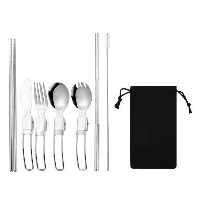 China Hot Sale Folding Silverware 18/10 Stainless Steel Metal Knife Fork Portable Foldable Spoon Travel Flatware Serving Set for sale