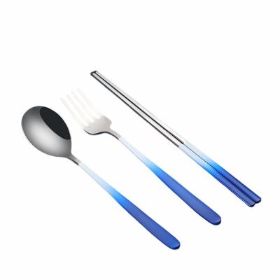 China Hot Sale Camping Vacation Serving Gradient Color Flatware Viable Spoons Forks Chopsticks Portable Cutlery Set 3 Stainless Steel With Box for sale