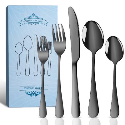 China Hot Selling Viable 1010 Stainless Steel Cutlery Dinnerware Set Black 20 Pieces Steak Knife Fork Desert Spoon Dinnerware Flatware Sets for sale