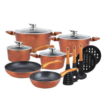 China Europe 15pcs metallic copper cookware with black marble coating cookware set for sale