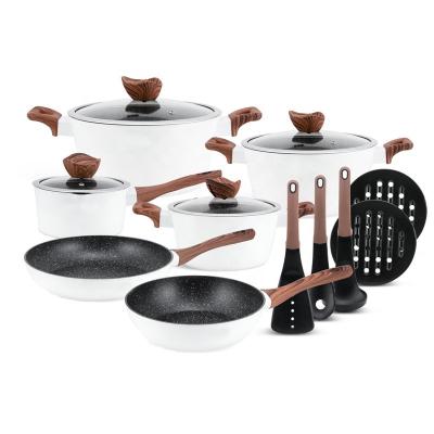 China From Europe 15pcs White Marble Color Wooden Design Black Non Stick Coating Cookware Set for sale