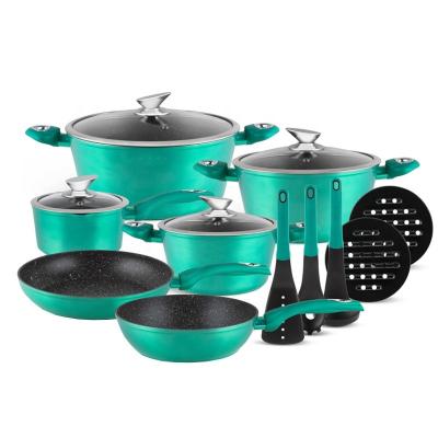 China From Europe 15pcs Marble Cookware Set Green Metallic Non Stick Coating Cookware Set for sale