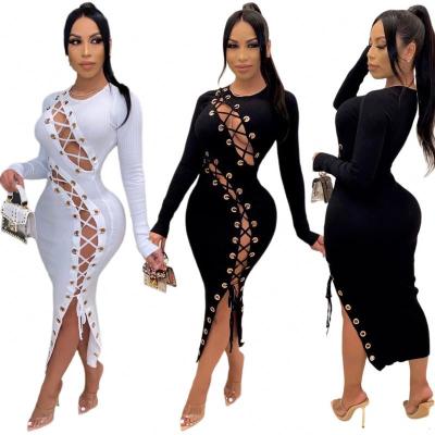 China Sexy hot selling women's autumn fashion sexy grains viable one-piece wearing hollow-out dresses with high quality for sale