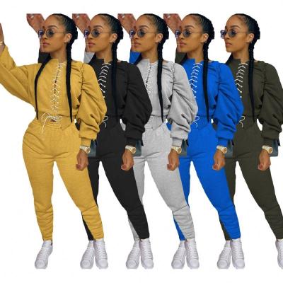 China Fashion Breathable Fleece Plus Size Hoodie Women Assorted Colors Lace Up Blouses Fall Sexy 2 Piece Tracker Sweater Set for sale