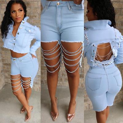 China 2021 New Arrival Fashion Tassel Hole Casual Denim Breathable Personality Medium Pants Women for sale