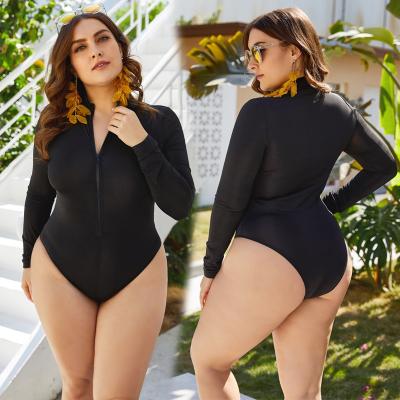 China Plus Size Sports Zipper Black Long Sleeve One Piece Triangle Swimsuit Breathable Hot Selling Slim Plus Size Swimsuit With Wholesale for sale