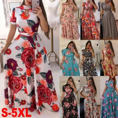 China Anti-Static Women's Maxi Dress Short Sleeve Casual Floral Print Dangle Long Maxi Dress With Belt S-XXXXXL for sale