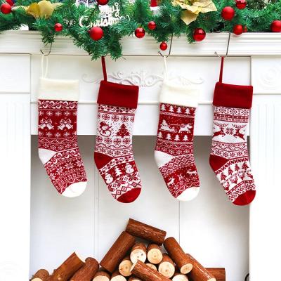 China Christmas Decoration Supplies Custom Logo Christmas Stocking Knit Jacquard Crochet Embroider Ivory Burlap Christmas Stockings For Tree Decoration for sale