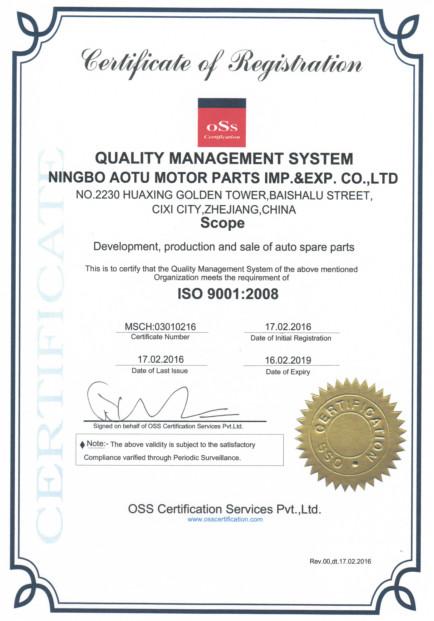 ISO 9001:2008 - Ningbo Aotu Motor Parts Imp.&Exp. Co., Ltd