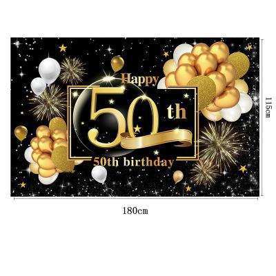 China Custom outdoor advertising display 50th birthday decoration background banner black gold theme party decoration porch poster flag for sale