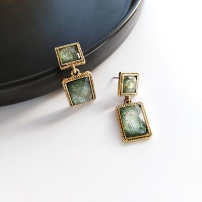 China Green Retro Hong Kong Style Earrings Short Earring Clips Personality CLASSIC Simple Square Earrings for sale