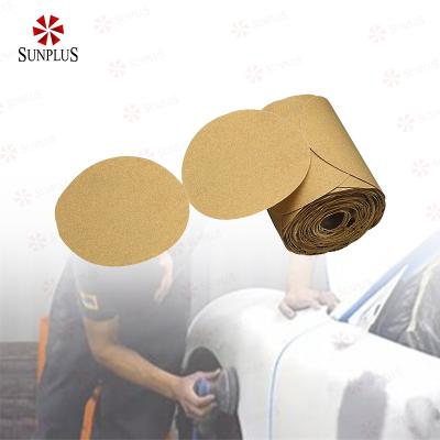 China Automotive Sand Paper For Auto Sunplus Gold Paper 125mm Gold Alumina Sanding Discs / Emery Paper Sand Disc for sale