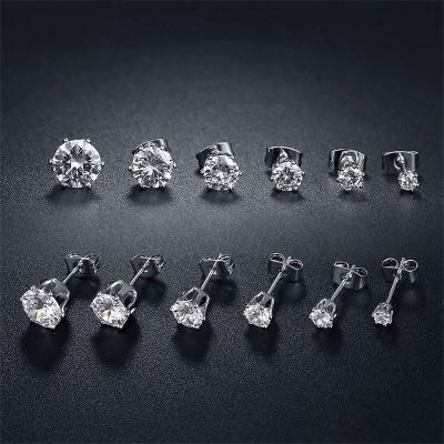 China 6 Pairs TRENDY Around Simple Minimalist Diamond Stud Earrings Stainless Steel Zircon 3-8Mm CZ Stone For Men Women Unisex for sale