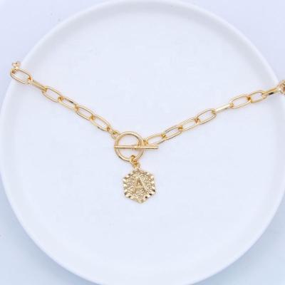 China TRENDY 18K Tasty Initial Letter Plated Paperclip Chain Toggle Necklace For Women Simple Hexagon Pendant Choker for sale