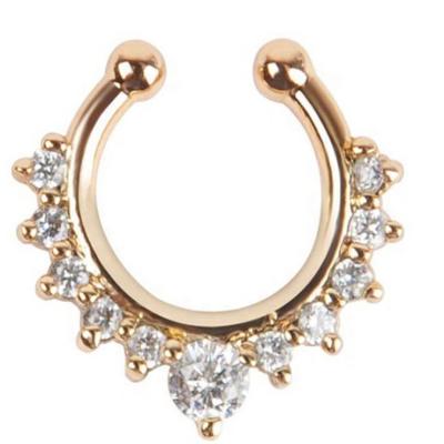 China Fake Indian Hypoallergenic Non Piercing CZ Pave Stainless Steel CZ Crystal Clip On Nose Ring Gold Septum Face Jewelry Cuffs for sale