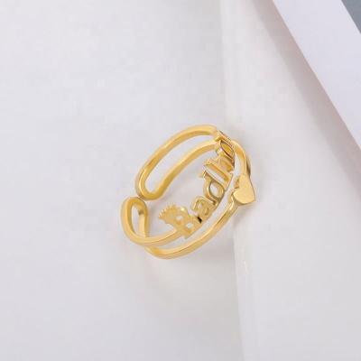 China Custom Heart Name Ring Gold Plated Stainless Steel Environmental Friendly Personalized Adjustable Jewelry For Women Opening Couples Rings for sale