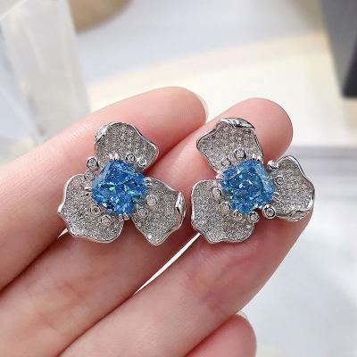 China BOHEMIA Mujing Luxury Jewelry S925 7*7Mm Silver Green Blue Heater Full Diamond Flower Earrings Female for sale