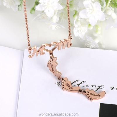 China Custom TRENDY Baby Name Tiny Foot Plate Necklace Personalized Mom Stainless Steel Birthday Mother Nameplate Jewelry for sale