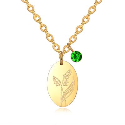 China TRENDY Birth Month Flower Necklace for Mom, 18K Gold Plated Oval Engraved Charm Disc Coin Birthstone Necklace Floral Delicacy for sale