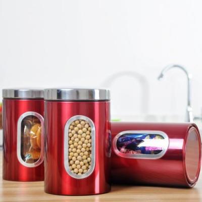 China Sustainable 3pcs Stainless Steel Window Canister Coffee Sugar Nut Kitchen Canister Set Stainless Steel for sale