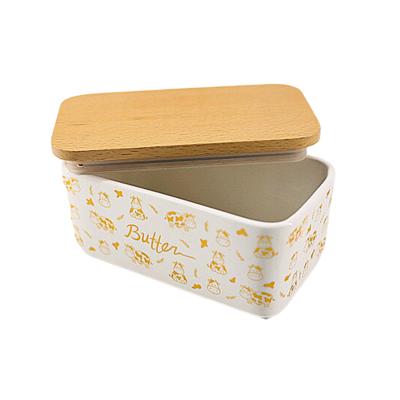 China Sustainable Butter Dish with Lid, LARGE Porcelain Keeper with Cover Airtight Bamboo Butter Container Storage Box for sale