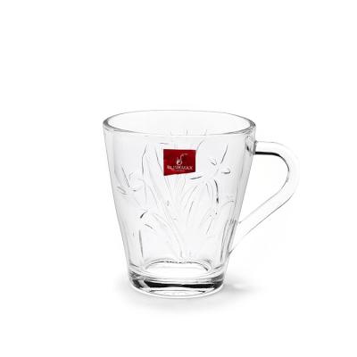 China Viable Narcissus Embossment Design Engraving Glass Coffee Mug With Handle Household 260ml Milk Flower High White Glass Tea Cup for sale