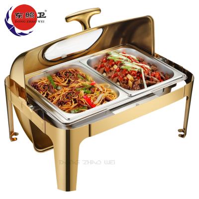 China Restaurant Serving Chafing Dish OEM 2 Pans Stainless Steel Food Warmer Double Pans 9L Chafing Dish Buffet Rotating Chafing Dish for sale