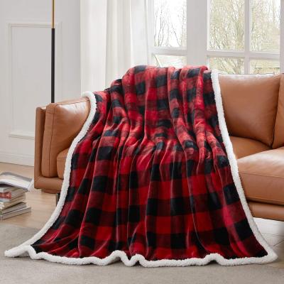 China Wearable Christmas Red And Black Plaid Plush Soft Microfiber Shear Flannel Blanket for sale